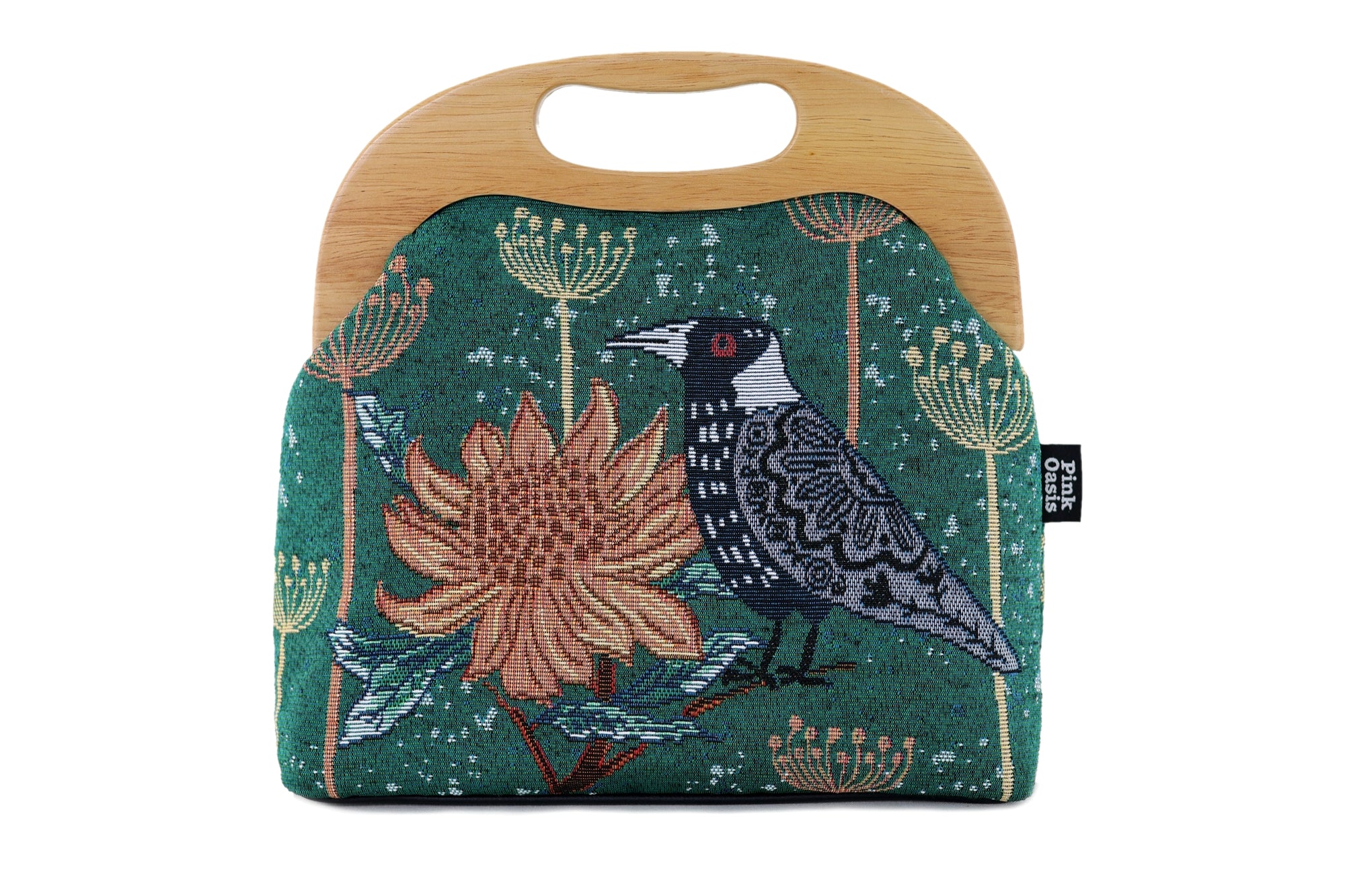 Tapestry Woven Fabric Magpie & Waratah Green Large Wood Frame Bag