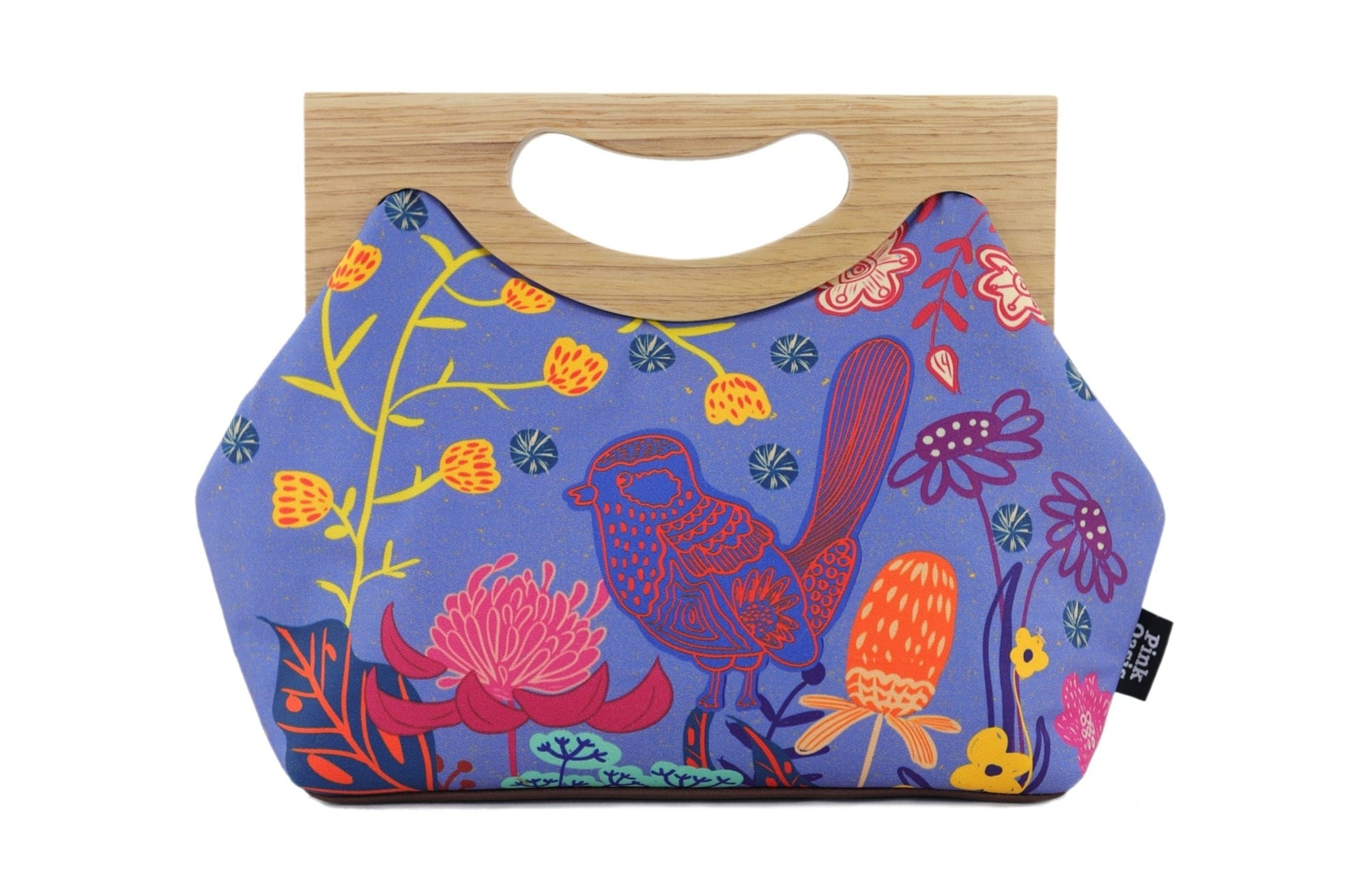 Blue Wren, Waratah & Banksia Medium Size Wood Frame Bag | PINK OASIS