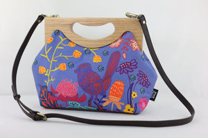 Blue Wren, Waratah & Banksia Medium Size Wood Frame Bag | PINK OASIS