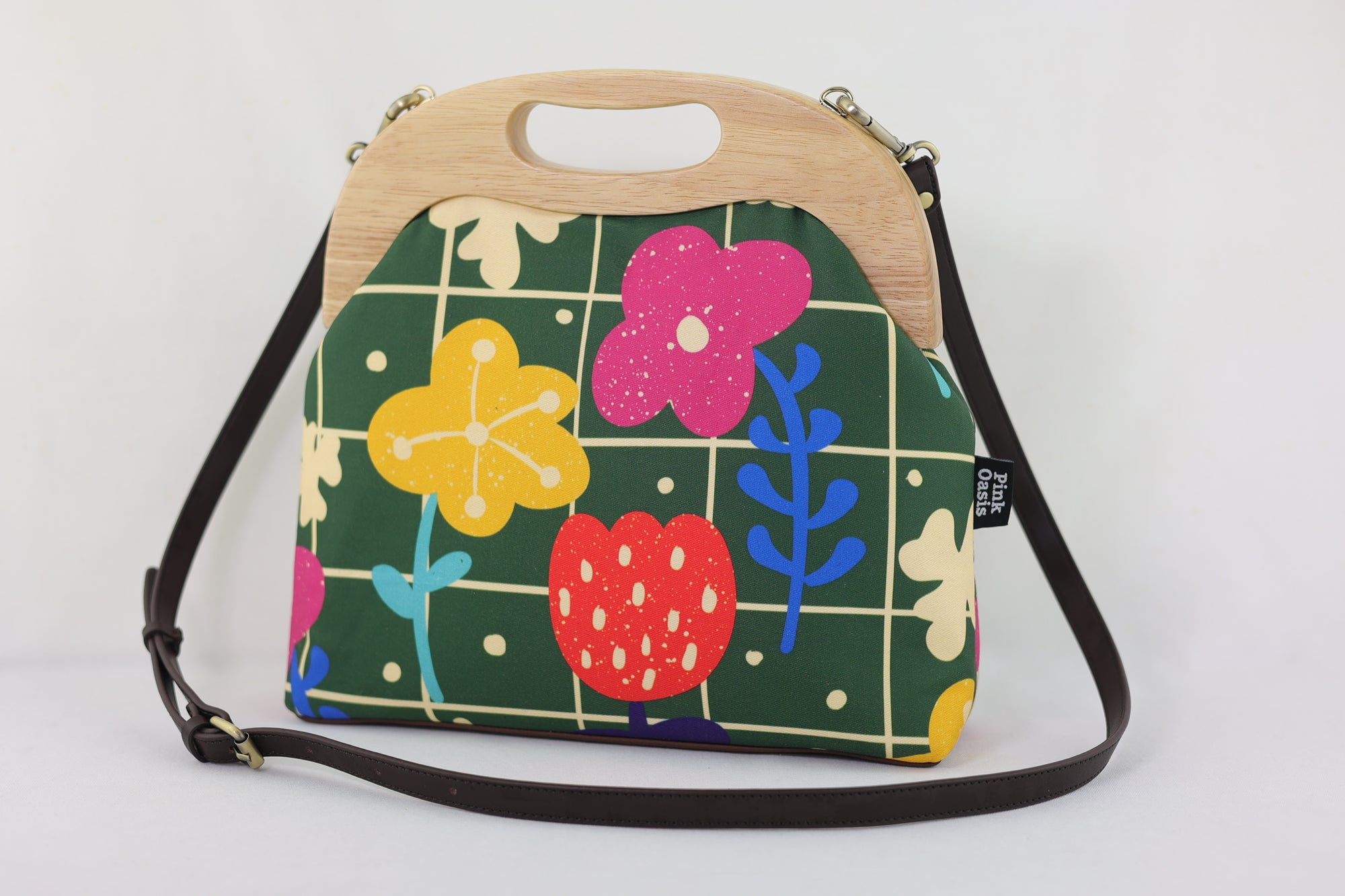 Spring Lawn & flower Large Wood Frame Bag | PINK OASIS