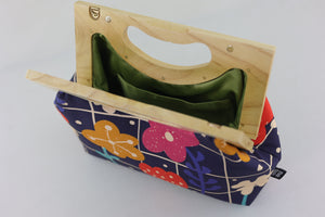 Spring Lawn Navy Medium Size Wood Frame Bag | PINK OASIS