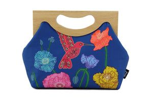 Poppies & Hummingbird Medium Size Wood Frame Bag | PINK OASIS