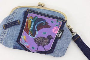 Lyre Bird Denim Wristlet Wallet (with Double Kisslock Clasps)