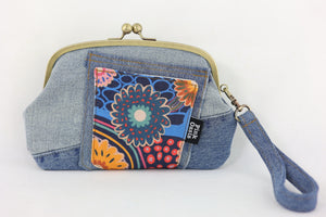 Gerberas Denim Wristlet Wallet (with Double Kisslock Clasps)