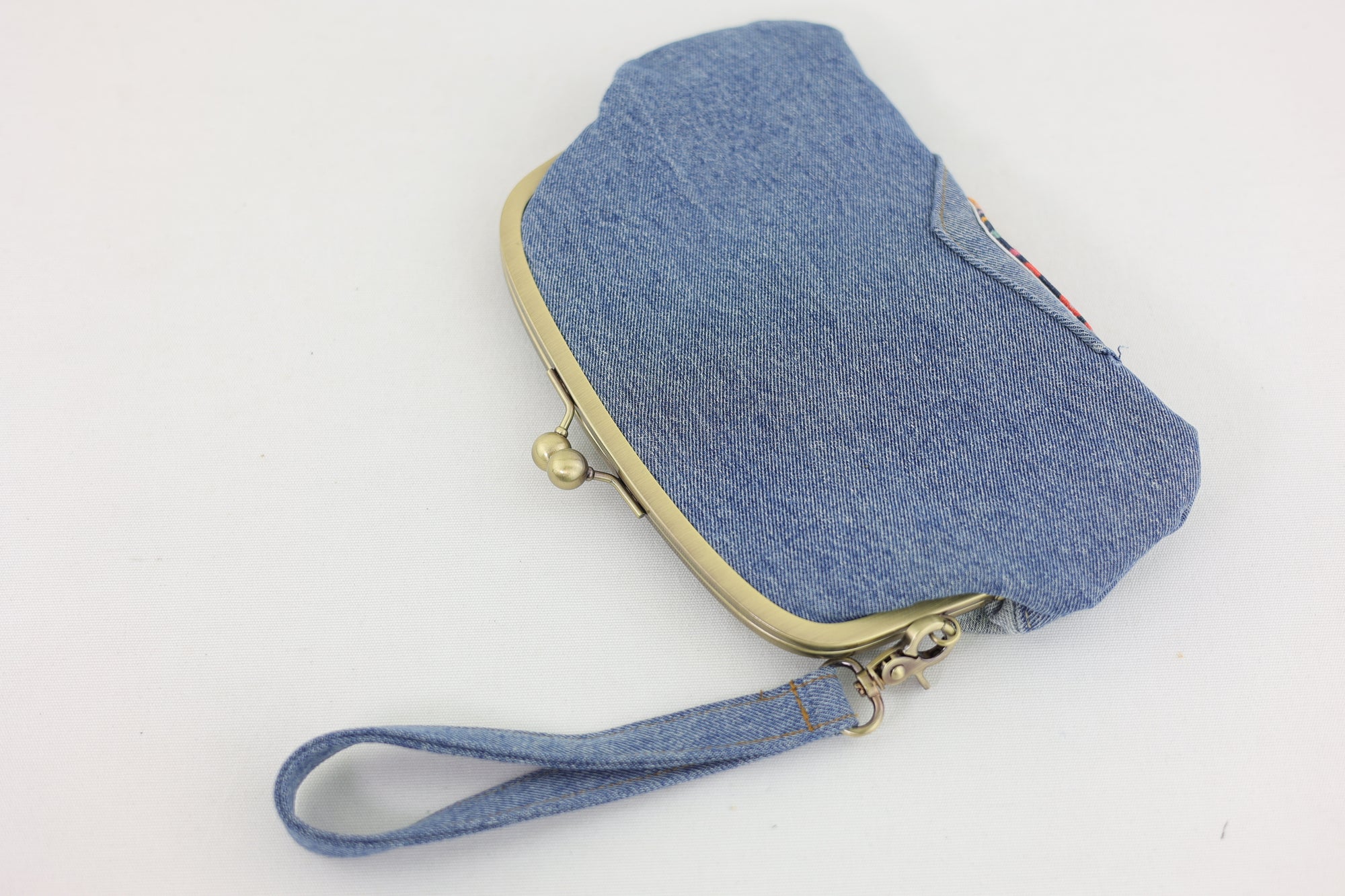 Gerberas Denim Wristlet Wallet (with Double Kisslock Clasps)