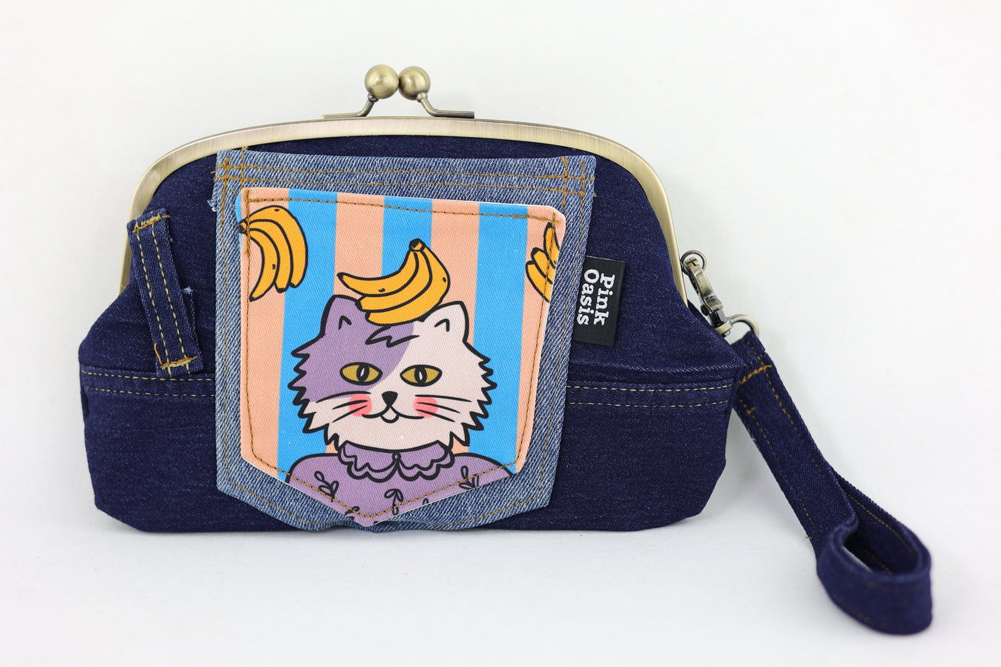 Cat & Bananas Denim Wristlet Wallet (with Double Kisslock Clasps)