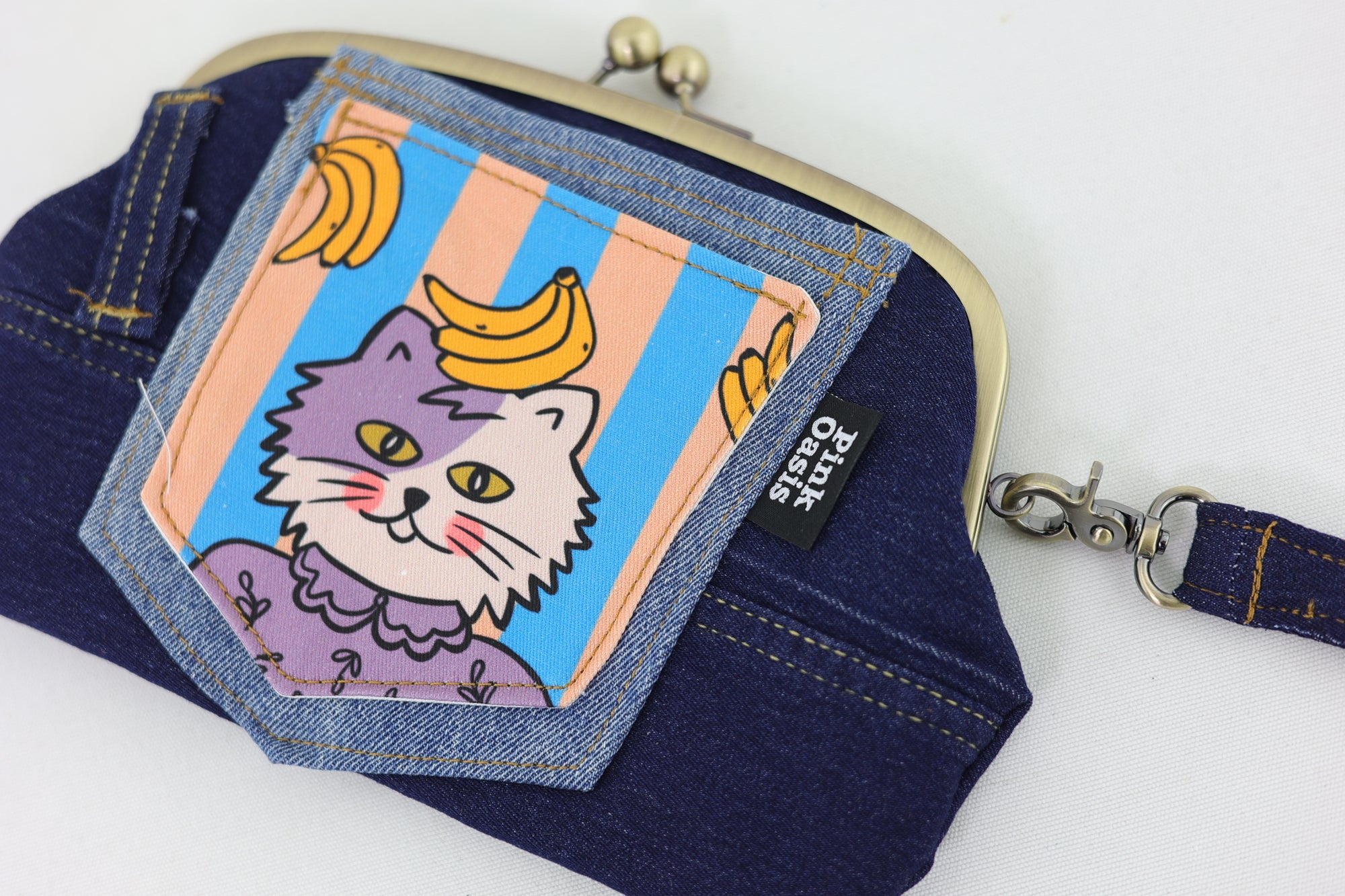 Cat & Bananas Denim Wristlet Wallet (with Double Kisslock Clasps)