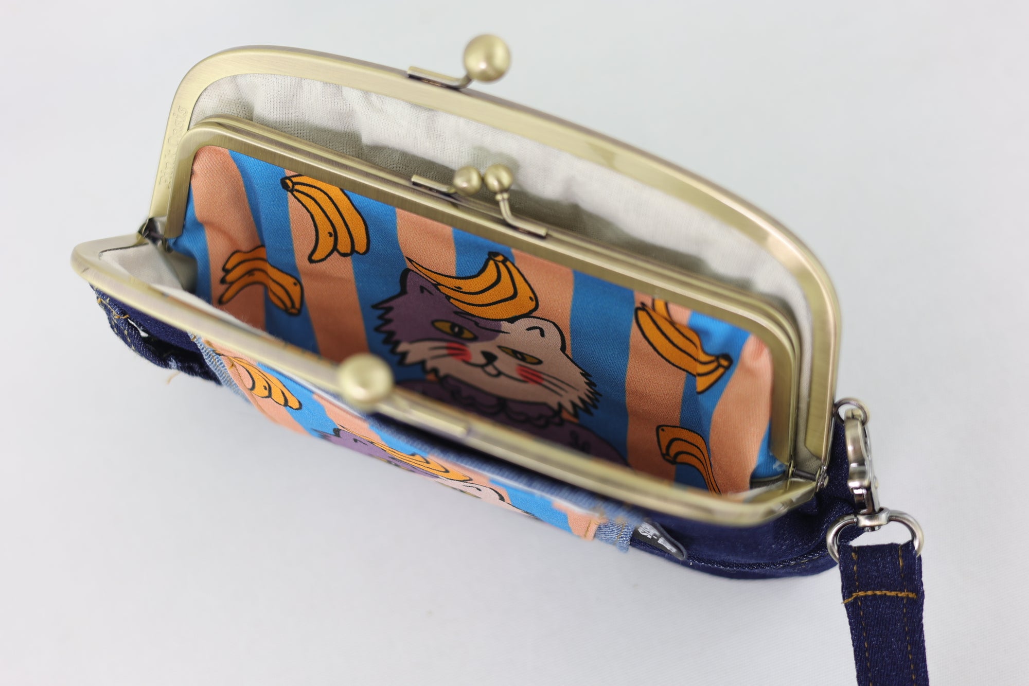 Cat & Bananas Denim Wristlet Wallet (with Double Kisslock Clasps)