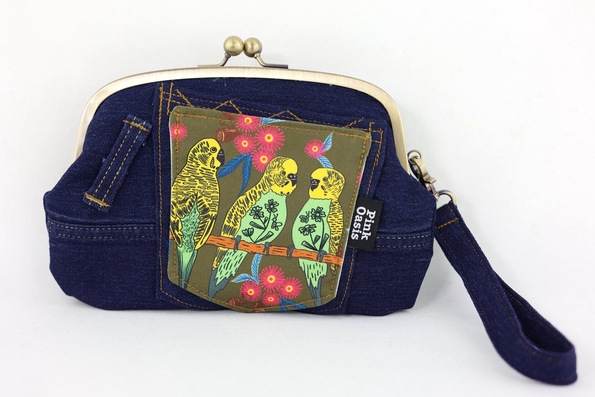 Budgies Denim Wristlet Wallet (with Double Kisslock Clasps)