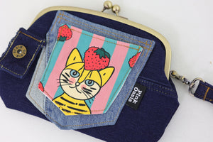 Cat & Strawberry Denim Wristlet Wallet (with Double Kisslock Clasps)
