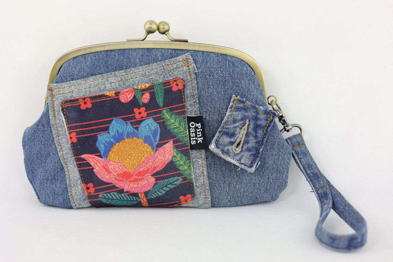 Waratah Denim Wristlet Wallet (with Double Kisslock Clasps)