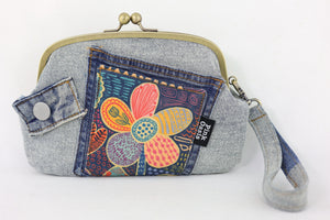 Doodle Flora Denim Wristlet Wallet (with Double Kisslock Clasps)