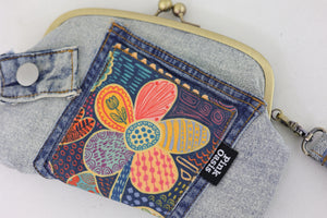 Doodle Flora Denim Wristlet Wallet (with Double Kisslock Clasps)