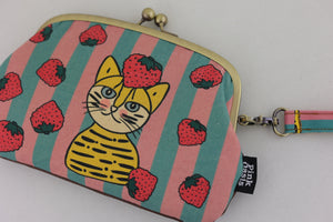 Cat & Strawberries Wristlet Wallet (with Double Kisslock Clasps)