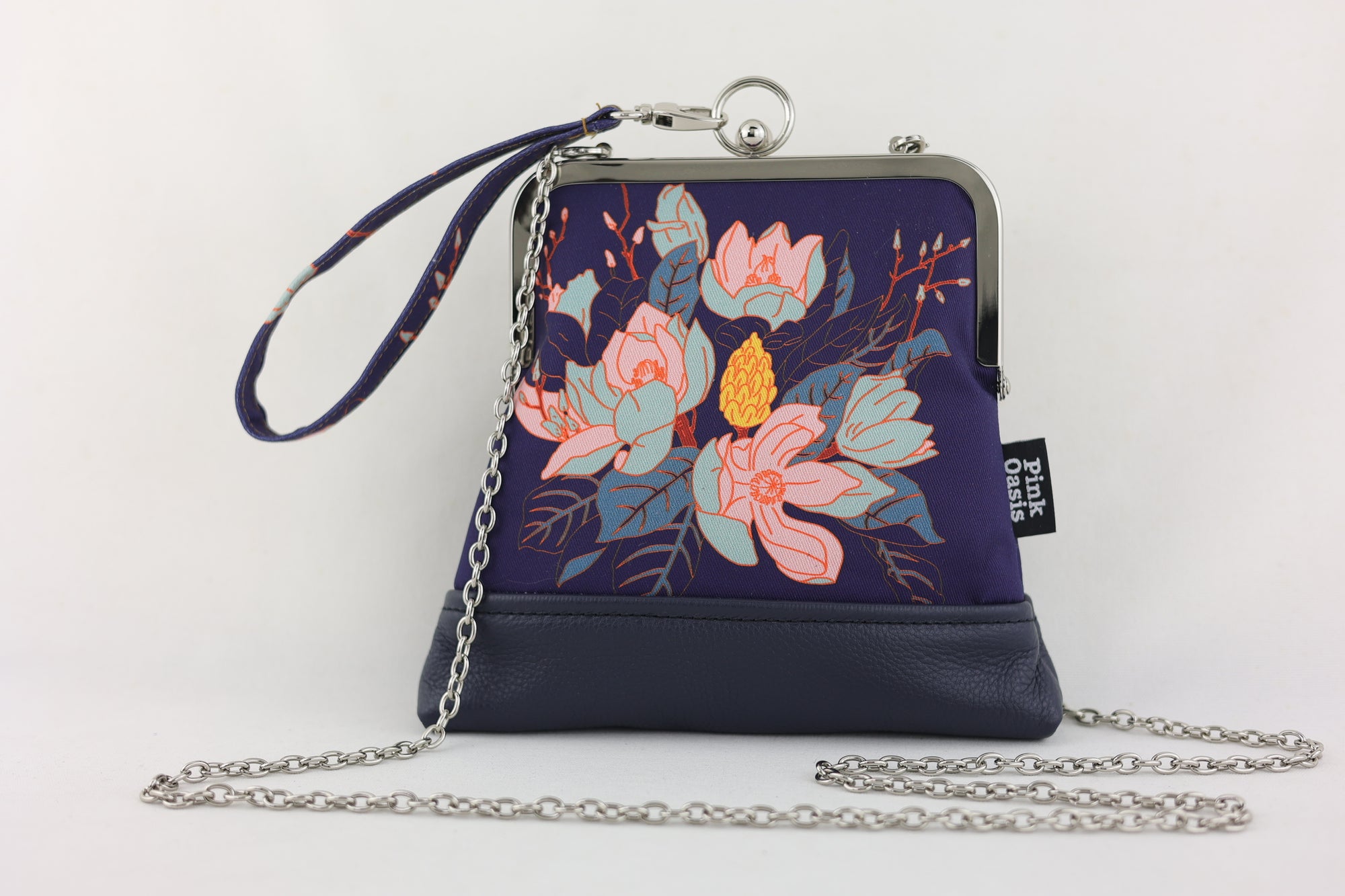 Magnolia Floral Wristlet Navy | PINK OASIS