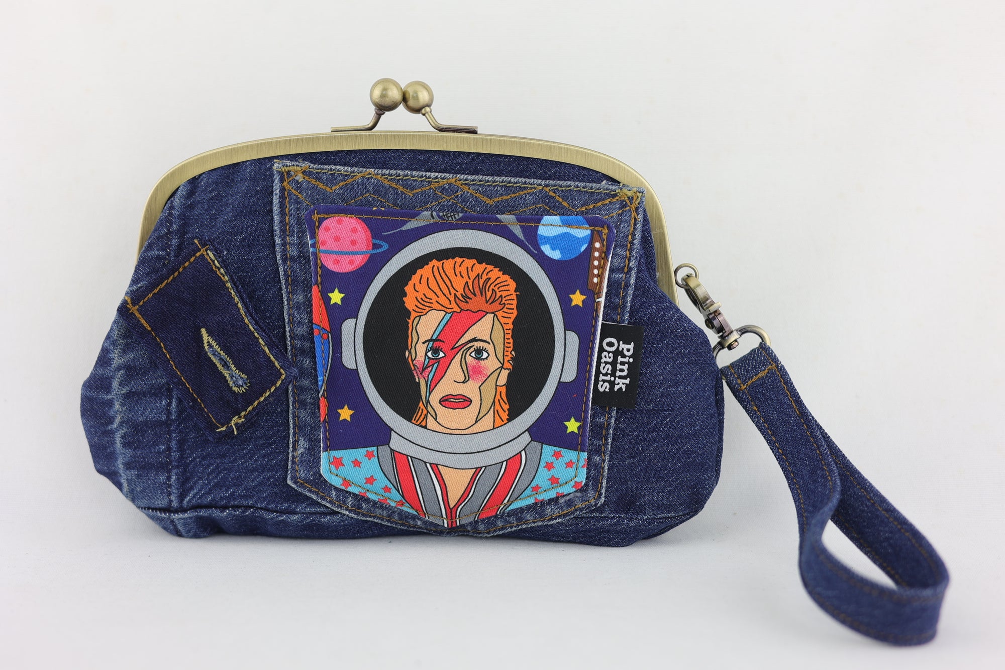 David's Space Denim Wristlet Wallet (with Double Kisslock Clasps)