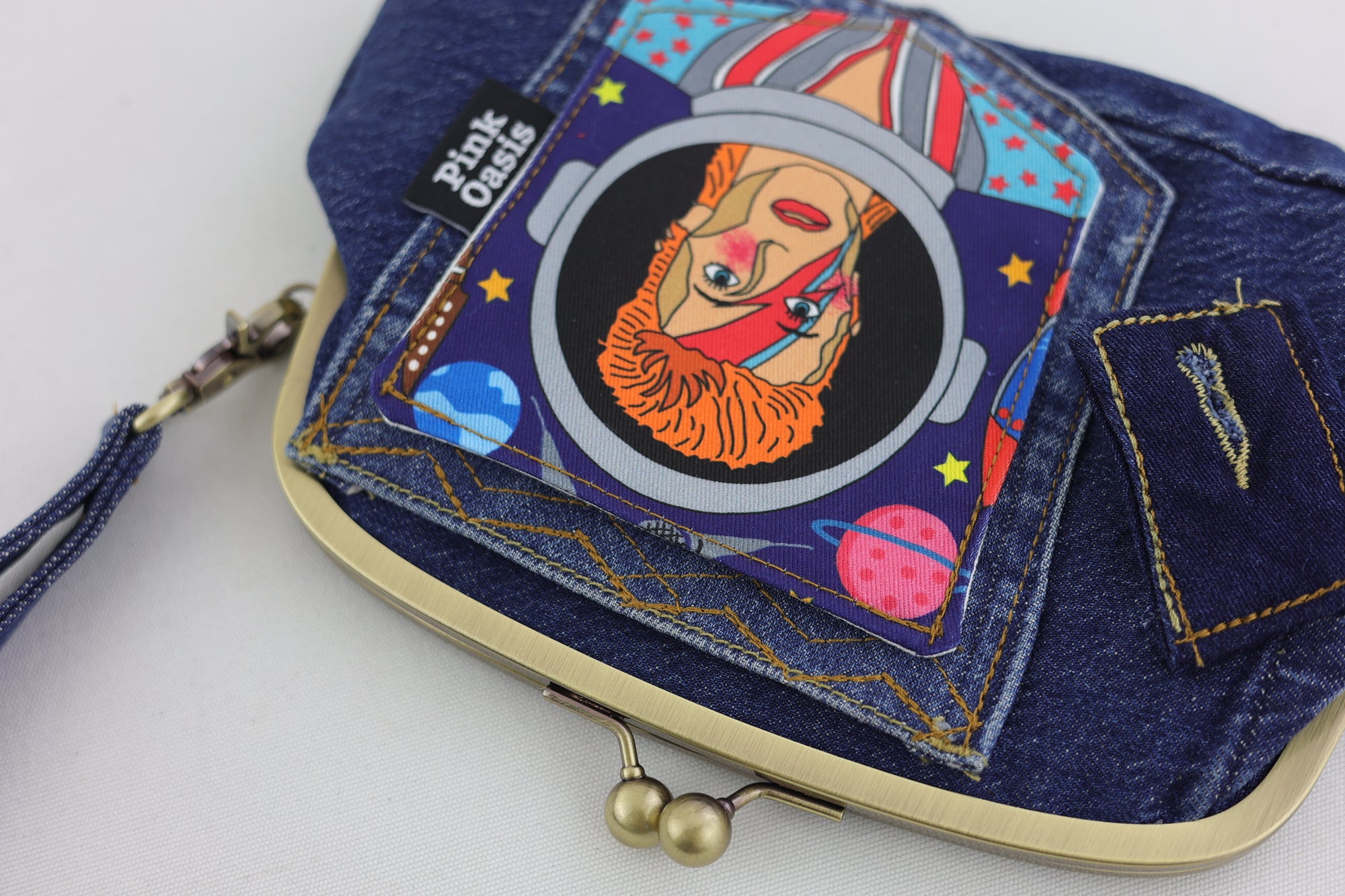 David's Space Denim Wristlet Wallet (with Double Kisslock Clasps)
