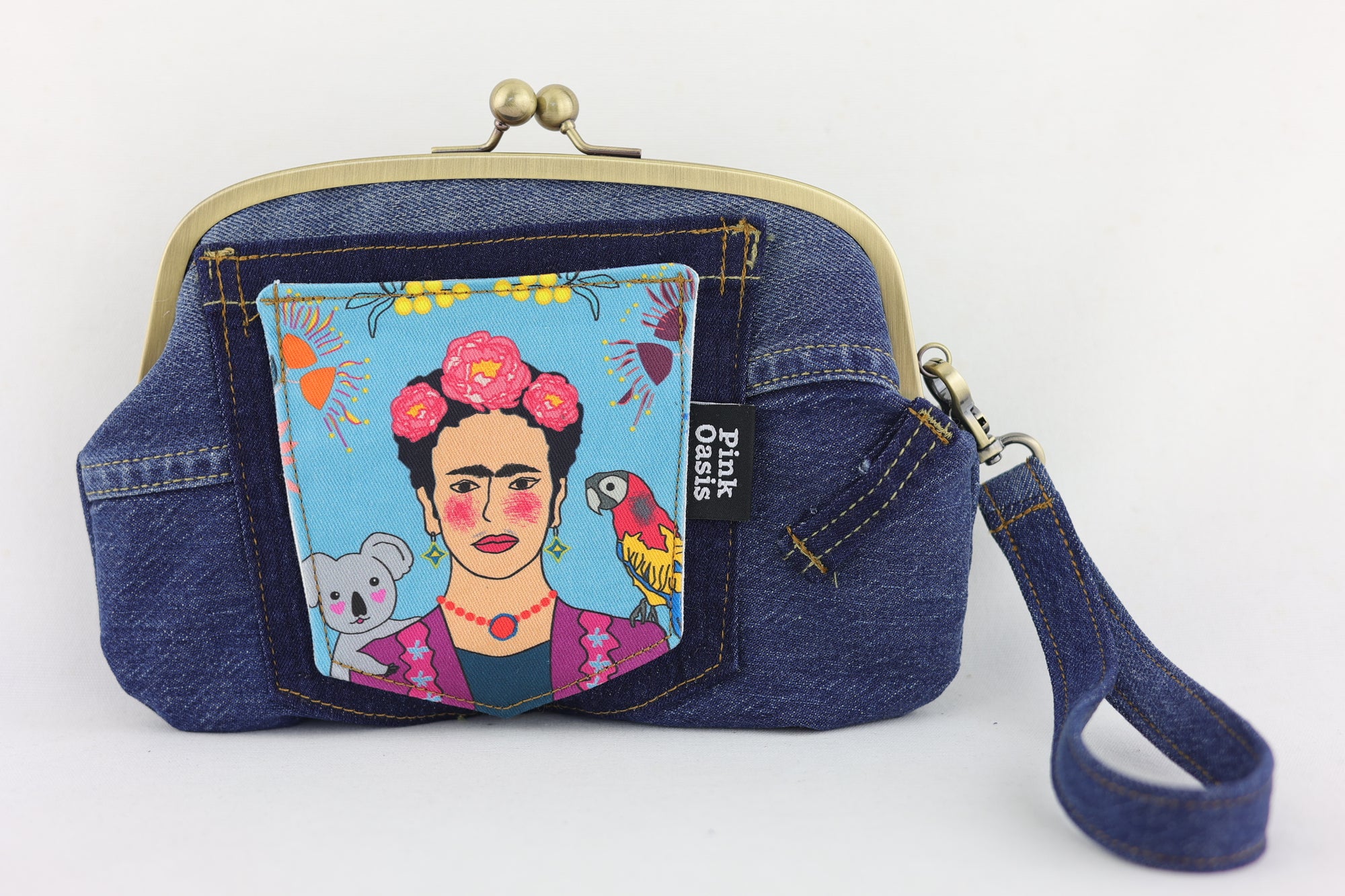 Frida Down Under Denim Wristlet Wallet (with Double Kisslock Clasps)