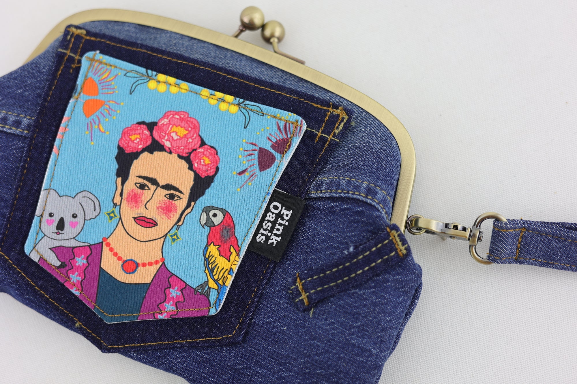 Frida Down Under Denim Wristlet Wallet (with Double Kisslock Clasps)