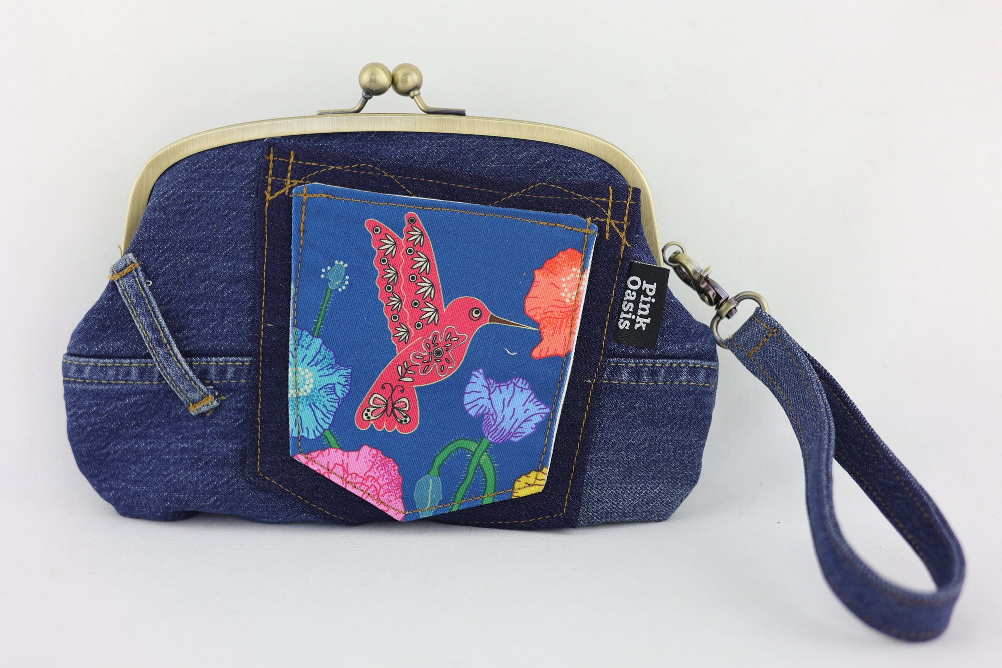 Hummingbird & Poppies Denim Wristlet Wallet (with Double Kisslock Clasps)