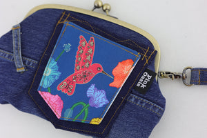 Hummingbird & Poppies Denim Wristlet Wallet (with Double Kisslock Clasps)