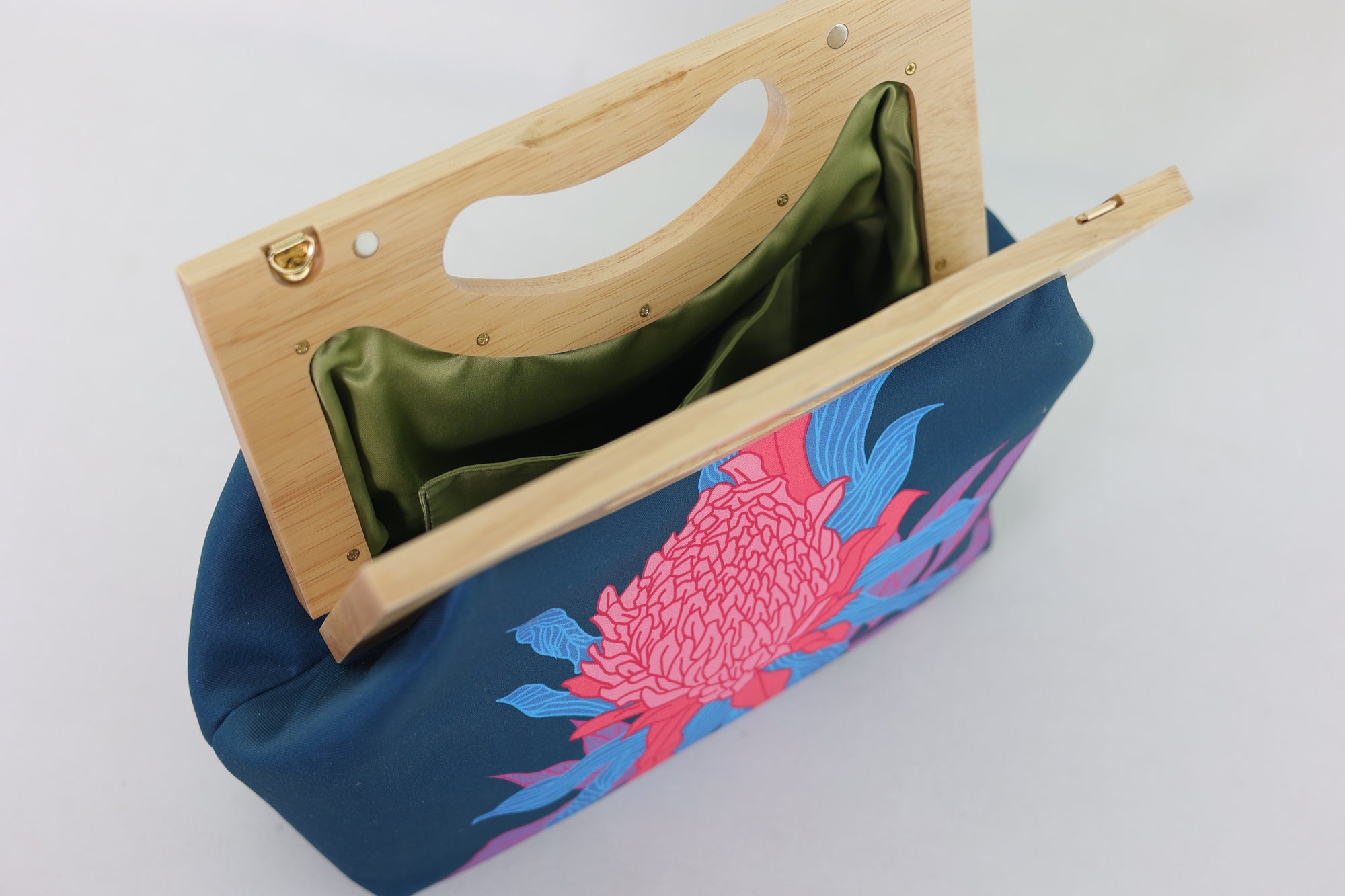 Torch Ginger Flower Emerald Medium Size Wood Frame Bag | PINK OASIS