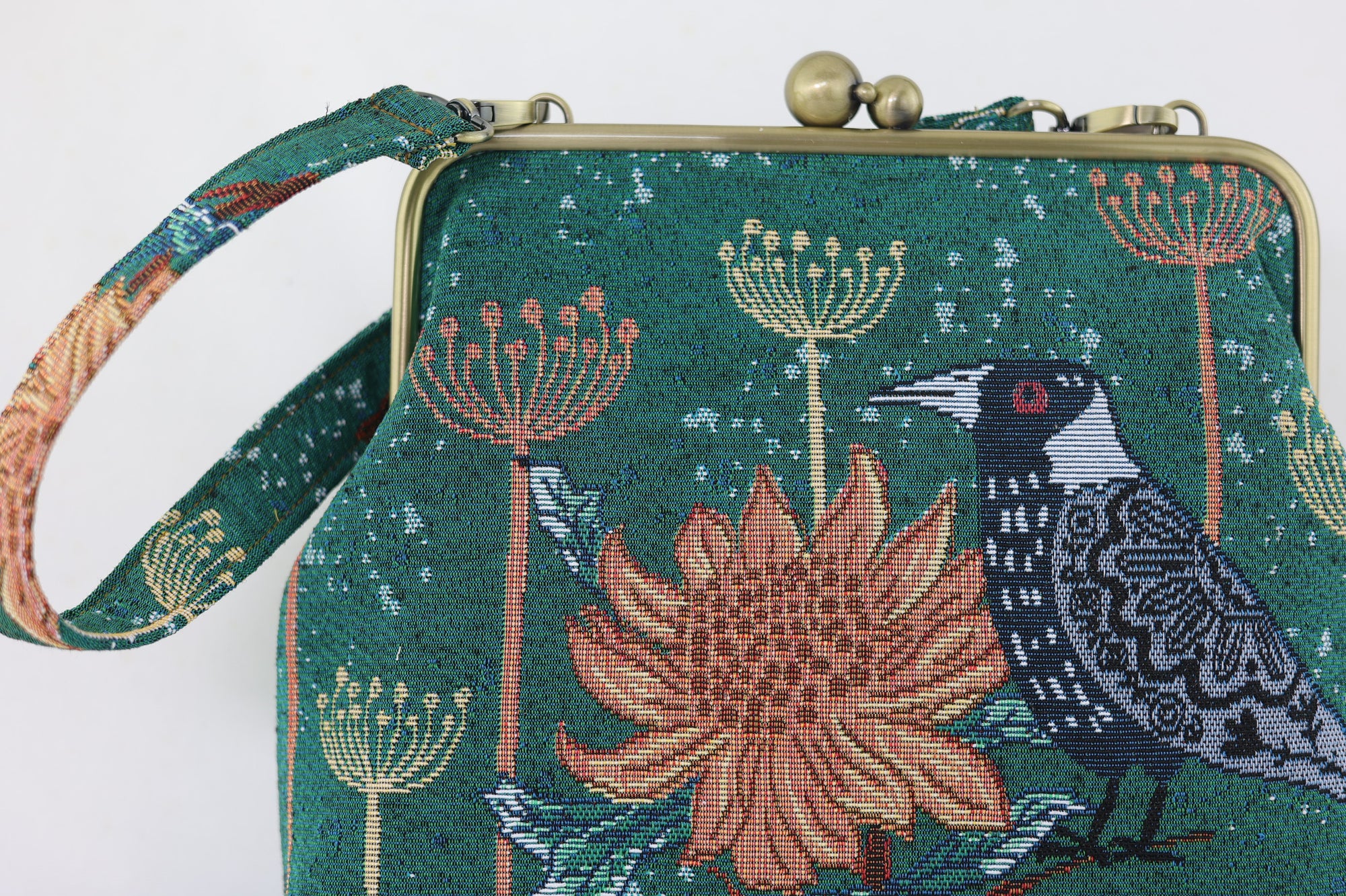 Tapestry Woven Fabric Magpie Waratah Green Crossbody Bag | PINK OASIS