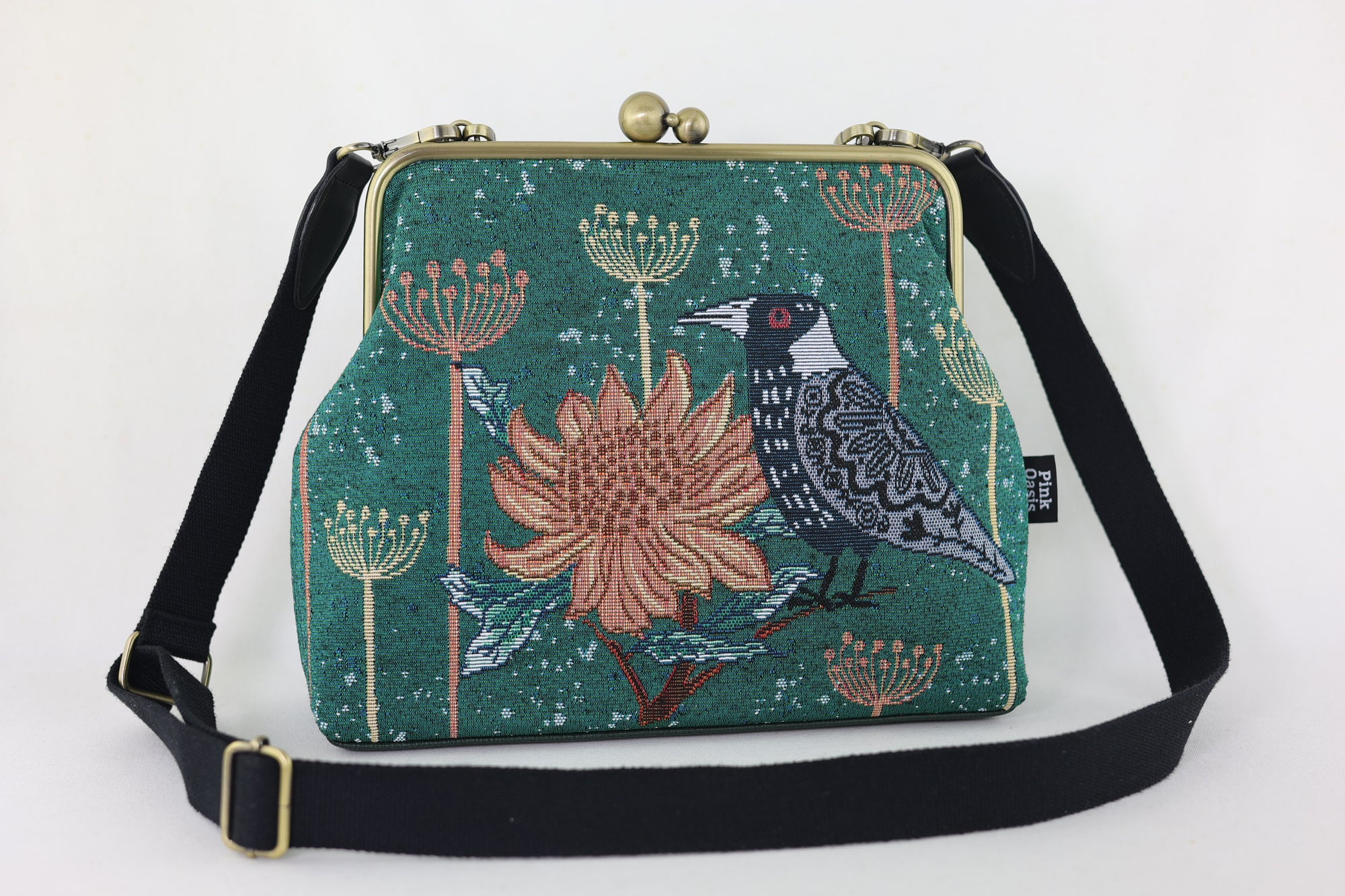 Tapestry Woven Fabric Magpie Waratah Green Crossbody Bag | PINK OASIS