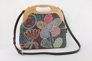 Tapestry Woven Fabric Doodle Flora Large Wood Frame Bag