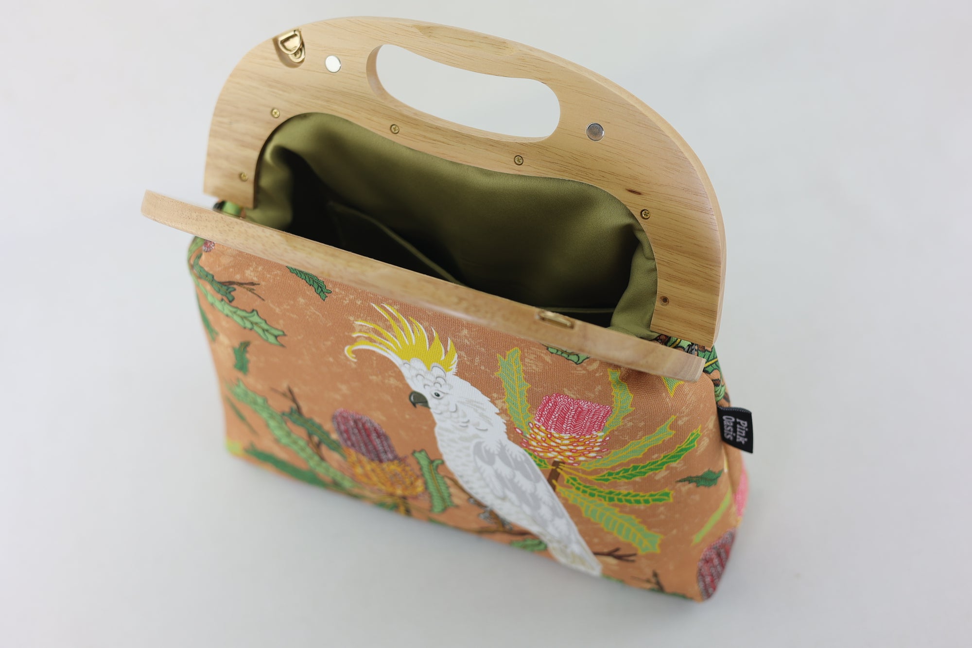 Cockatoo and Banksia Large Wood Frame Bag | PINK OASIS