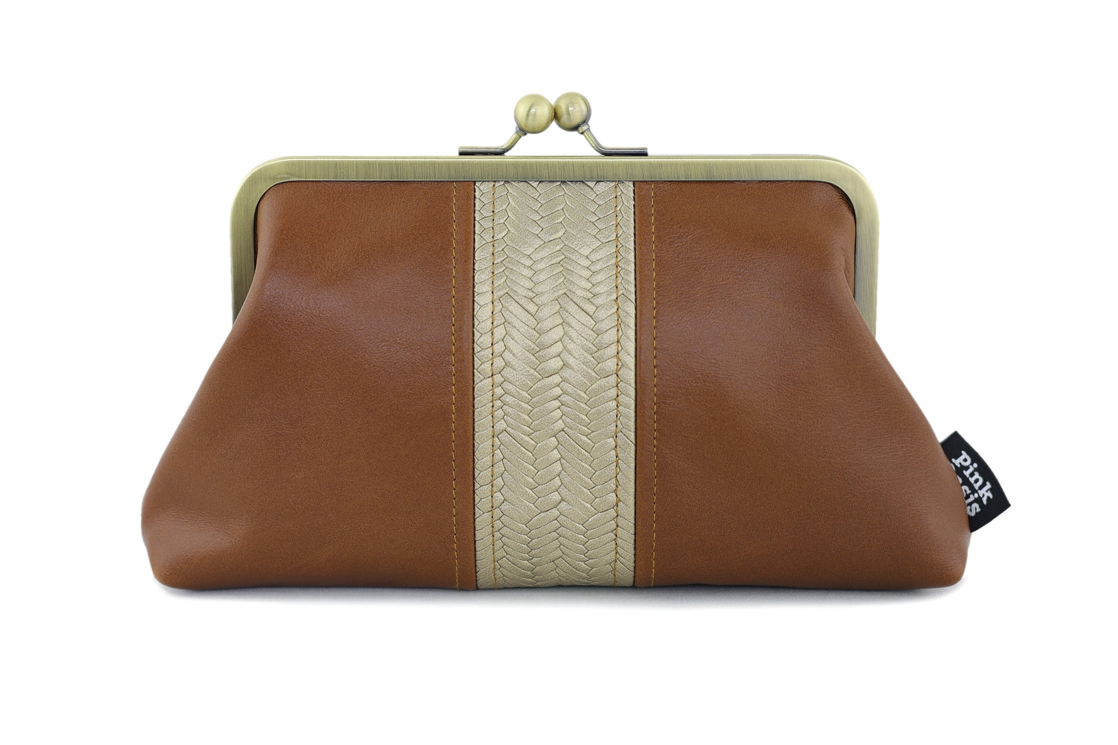 Distressed Tan Leather Kisslock Clutch with Chain Strap | PINK OASIS