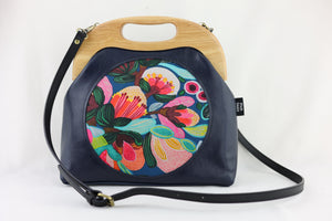 Protea Bush Flowers Navy Blue Leather Bag | PINK OASIS