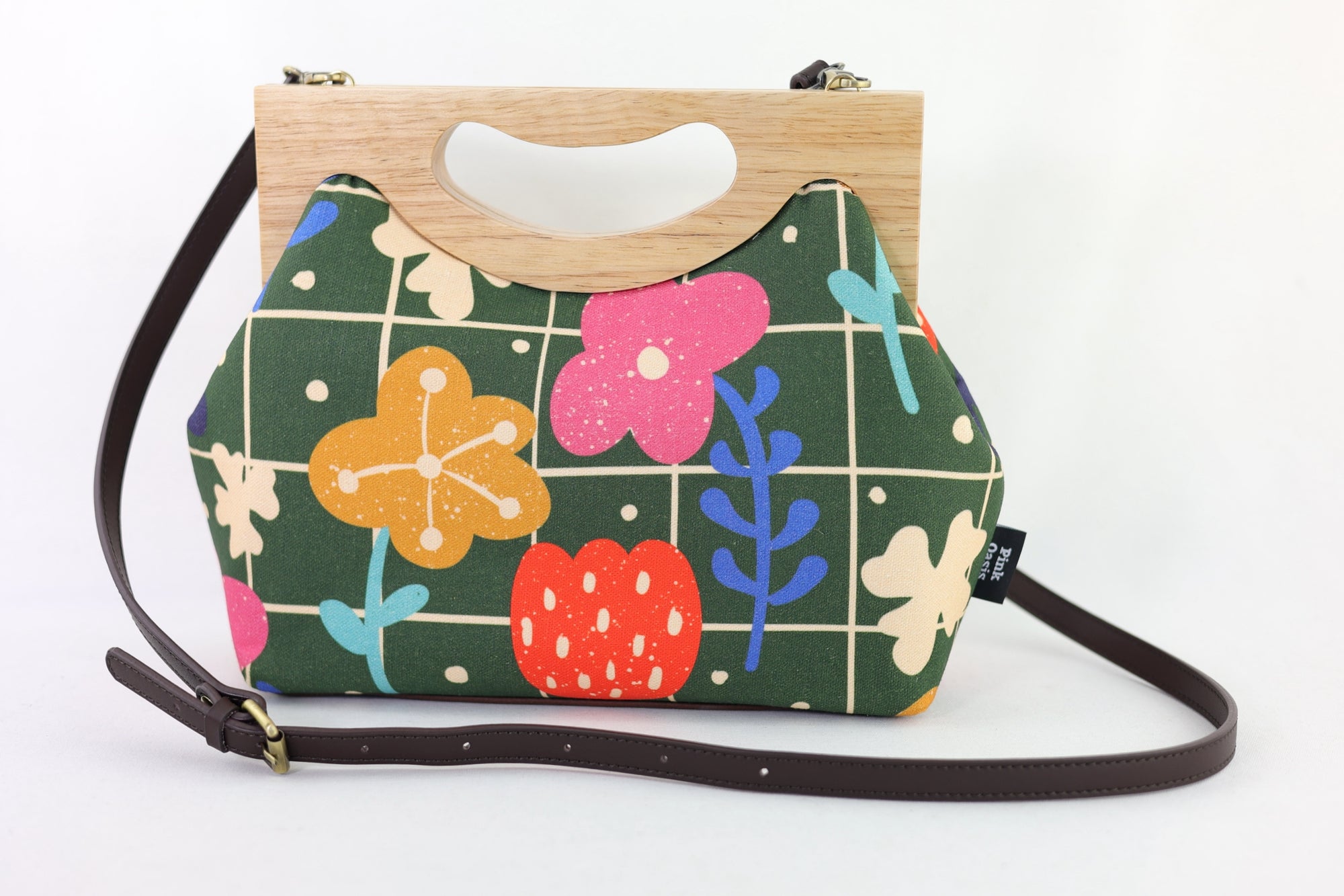 Spring Lawn Floral Medium Size Wood Frame Bag | PINK OASIS
