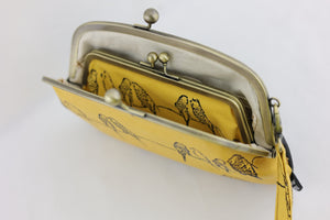 Yellow Budgies Wristlet Wallet with 2 Kisslock Clasps | PINK OASIS