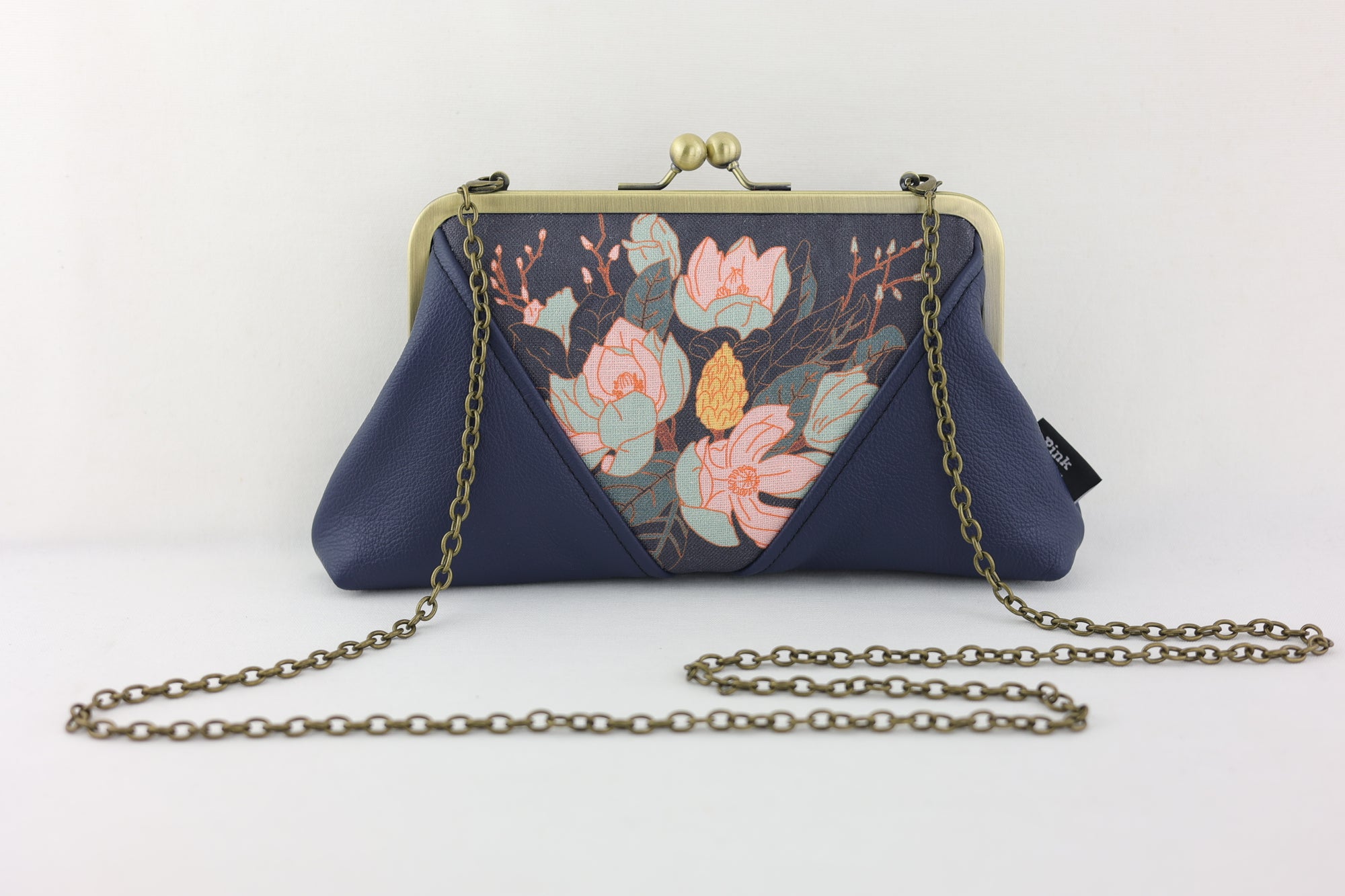 Magnolia Navy Kisslock Clutch with Chain Strap | PINK OASIS