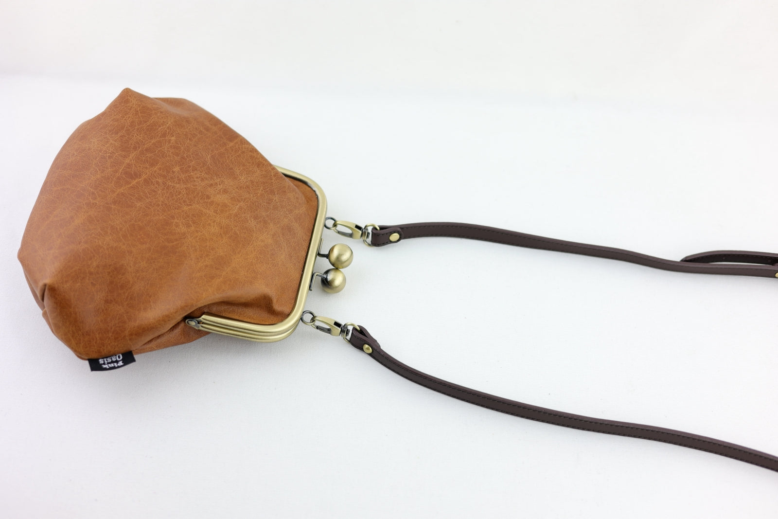 Distressed Brown Leather Kisslock Bag with Strap | PINKOASIS
