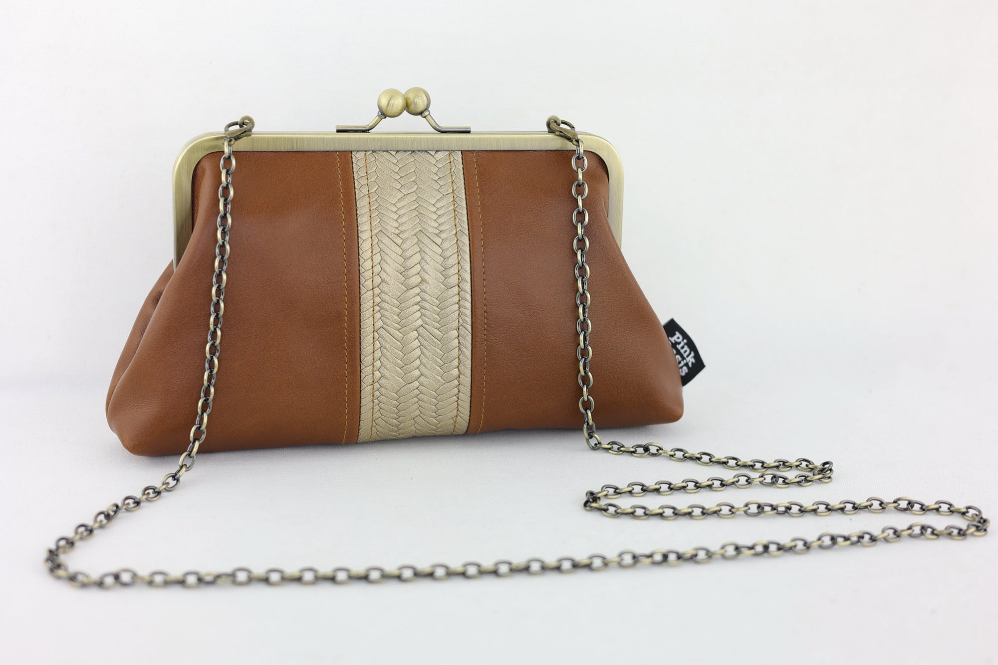 Distressed Tan Leather Kisslock Clutch with Chain Strap | PINK OASIS