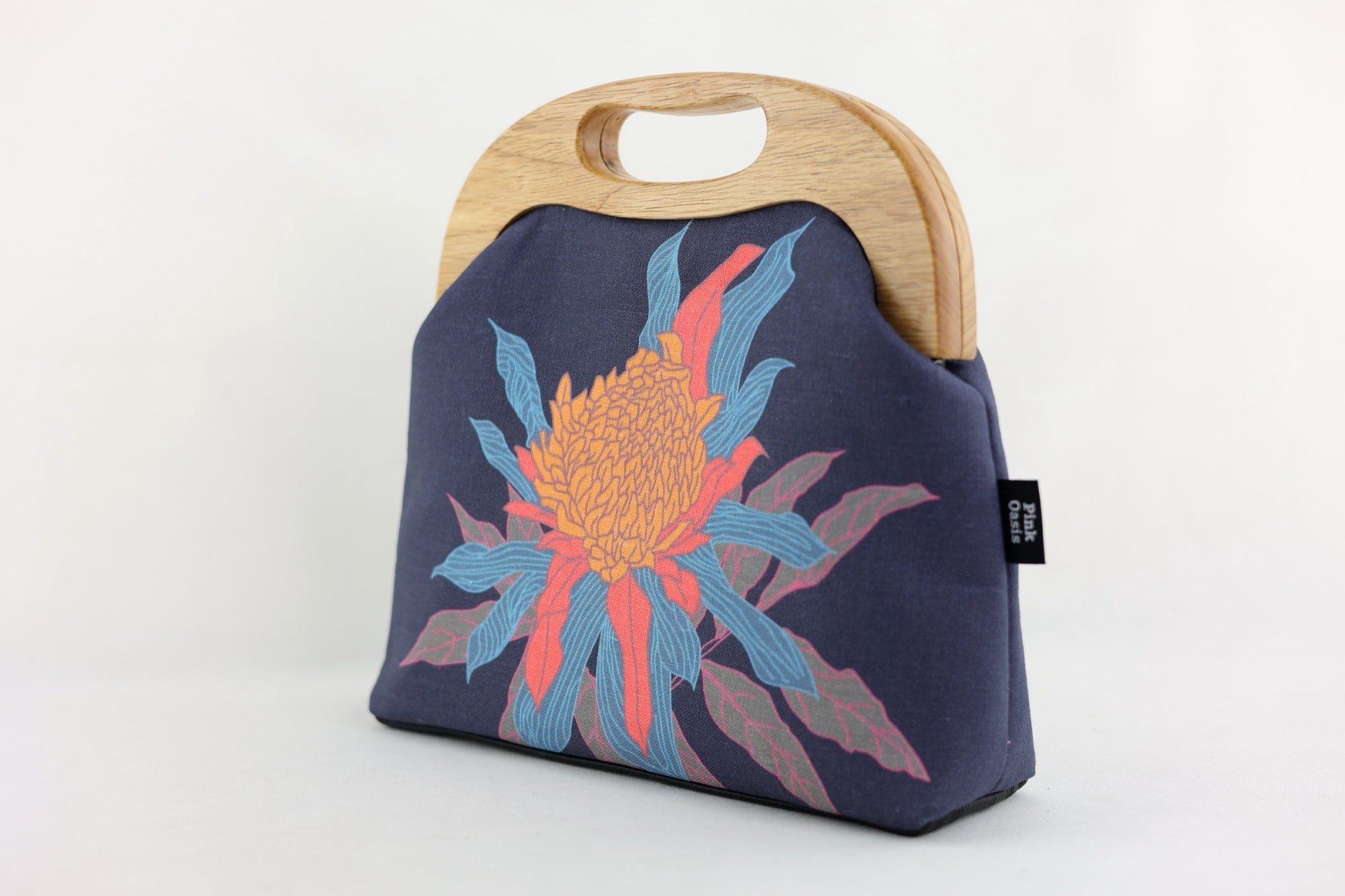 Torch Ginger Flower Navy Large Wood Frame Bag | PINK OASIS