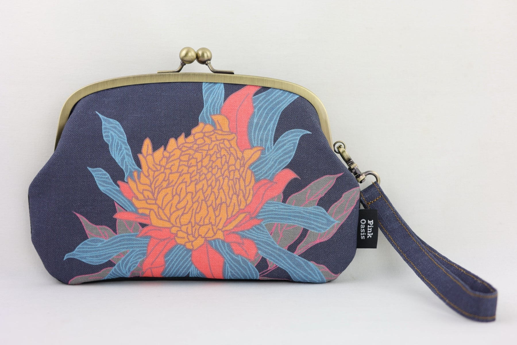 Torch Ginger Flower Navy Wristlet Wallet (with Double Kisslock Clasps)