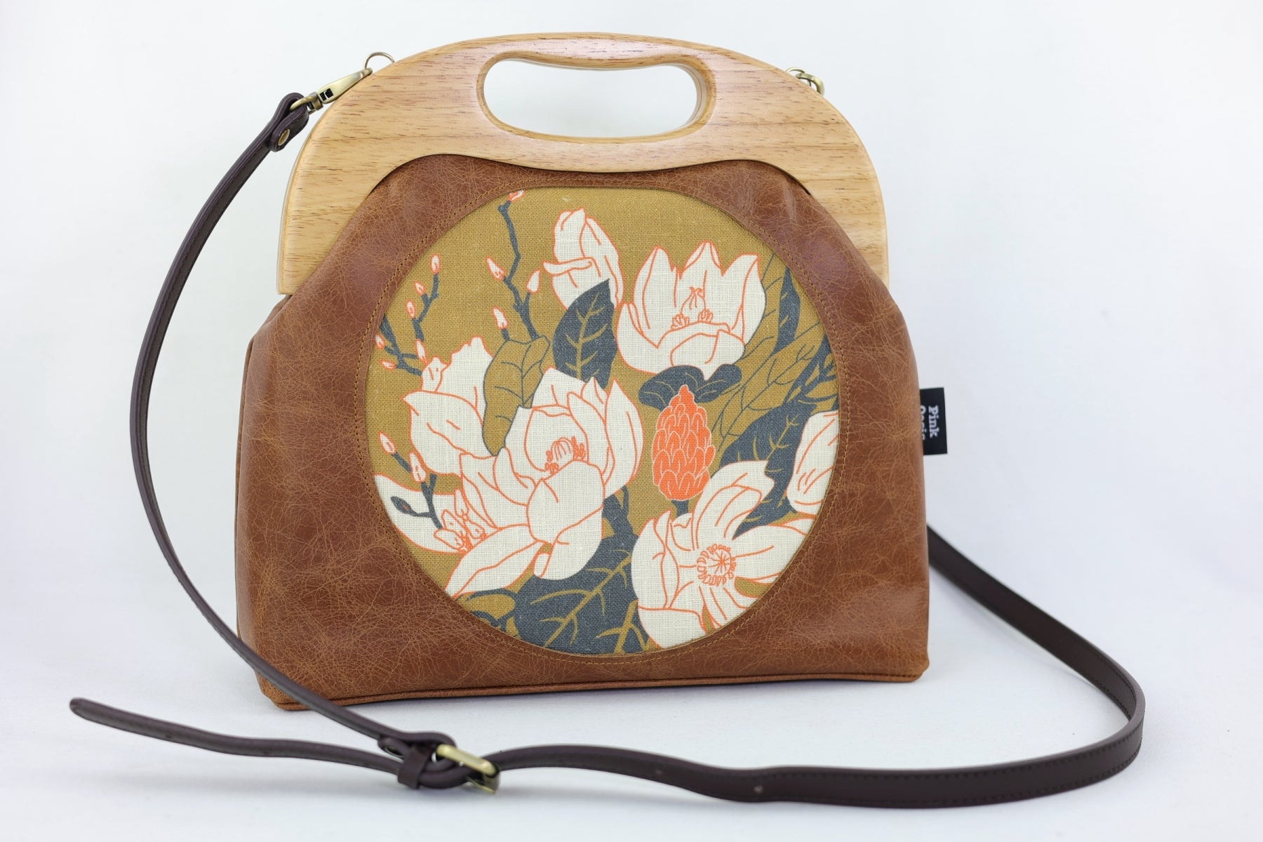 Magnolia Flowers Distressed Brown Leather Bag |  PINK OASIS