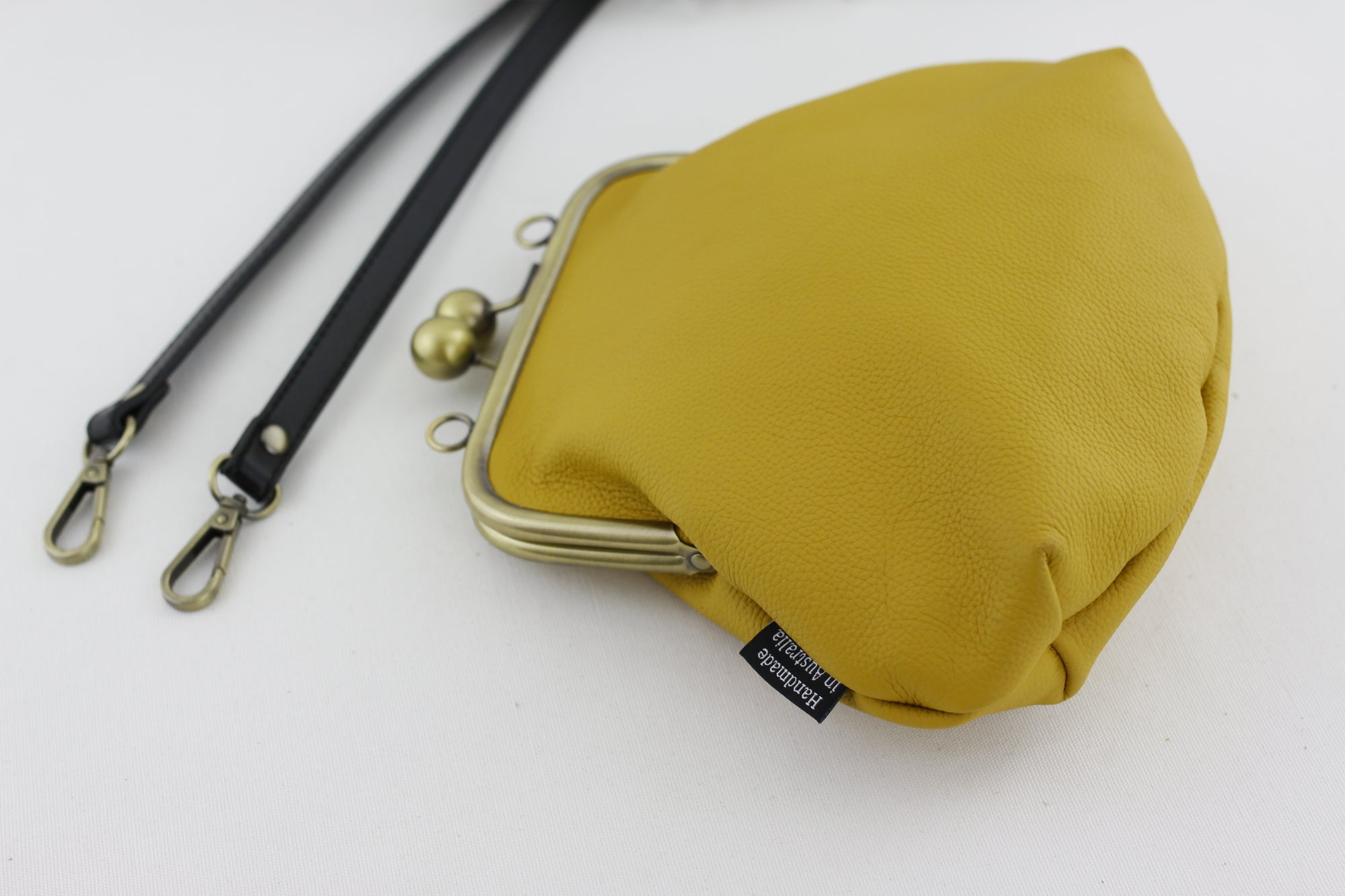 Mustard Leather Kisslock Bag with Strap  | PINKOASIS