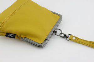 Handmade Leather Wristlet Bag in Mustard Yellow | PINKOASIS
