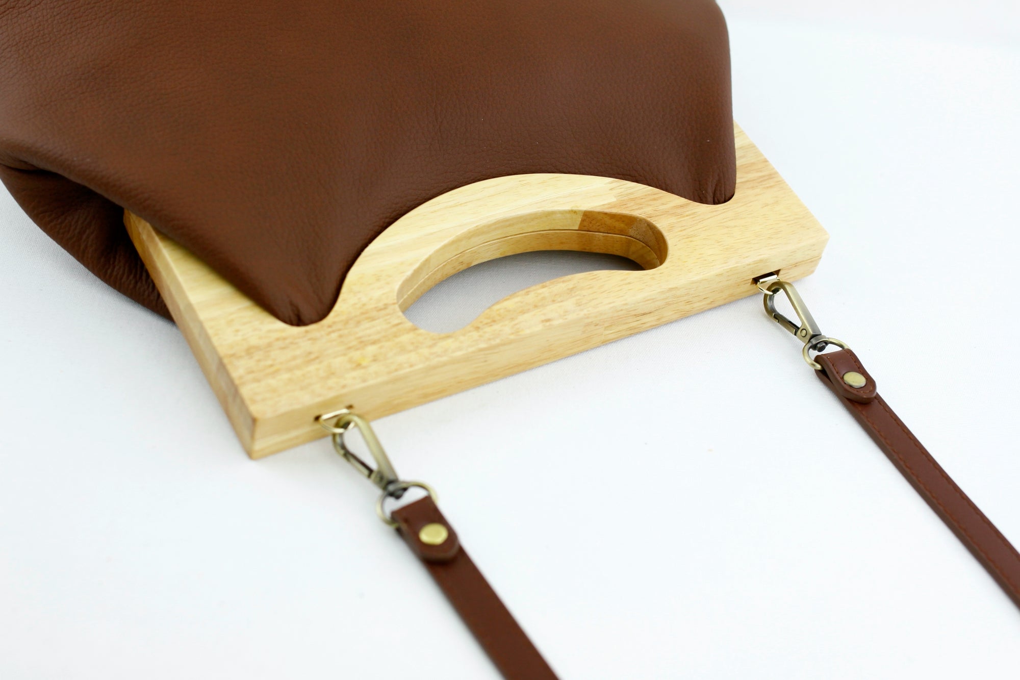 Women's Genuine Leather Wood Frame Handbag with Strap | PINKOASIS